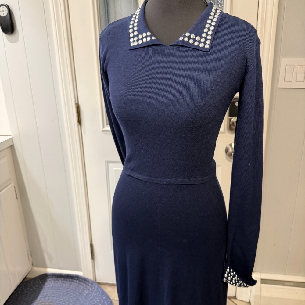 Planet Gold Elegant Navy Dress with Pearl Accents - Picture 3 of 5